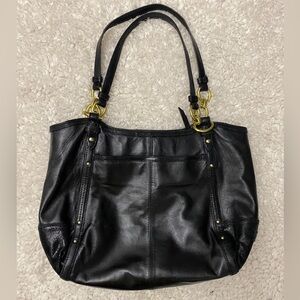 Coach Black and Gold Leather Tote with Gathered Details
